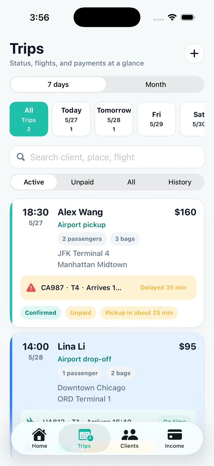 RideKip iOS booking list in a demo workspace