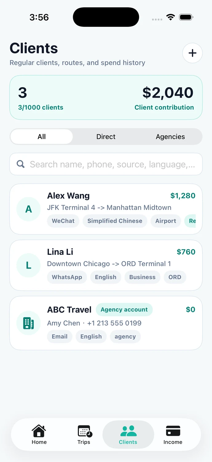 RideKip · Clients & contacts · Demo workspace screenshots. Screen layout may vary by release.