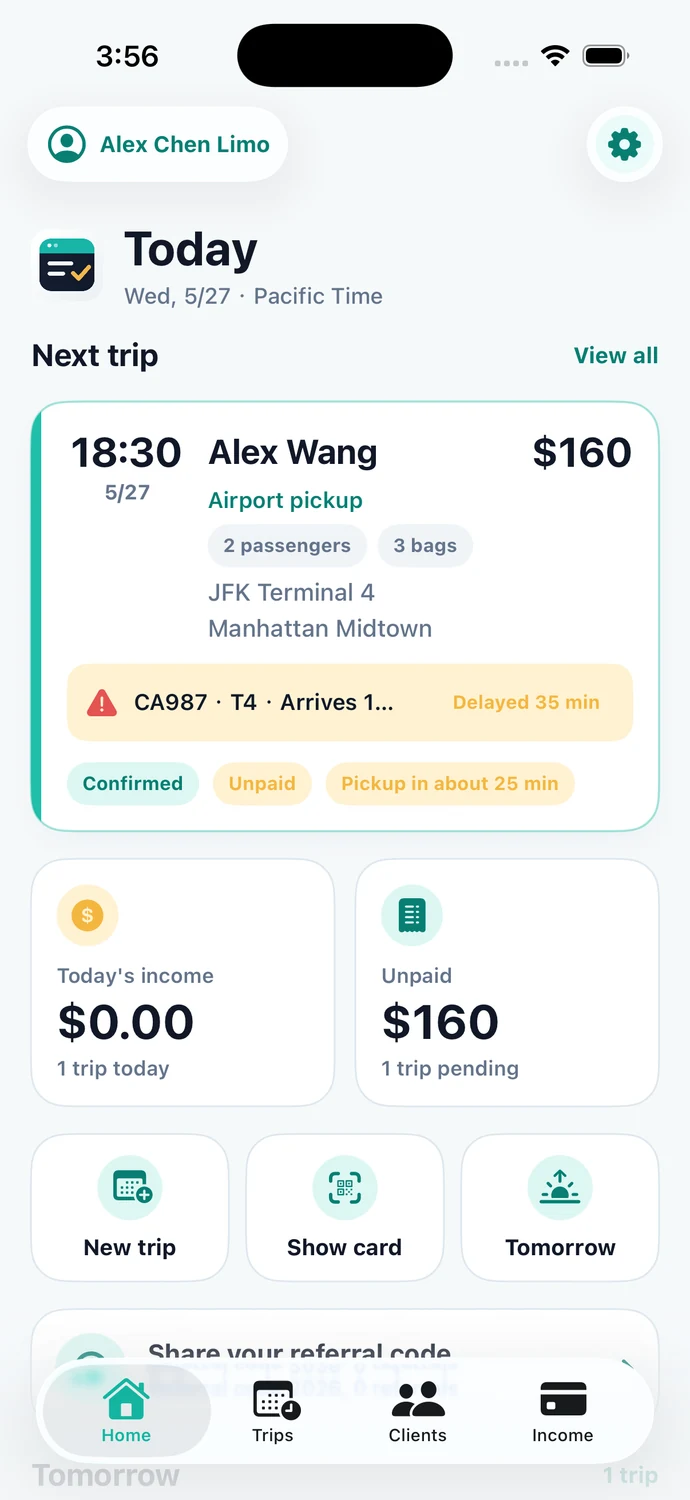 RideKip iOS home showing the next trip and unpaid amount in a demo workspace
